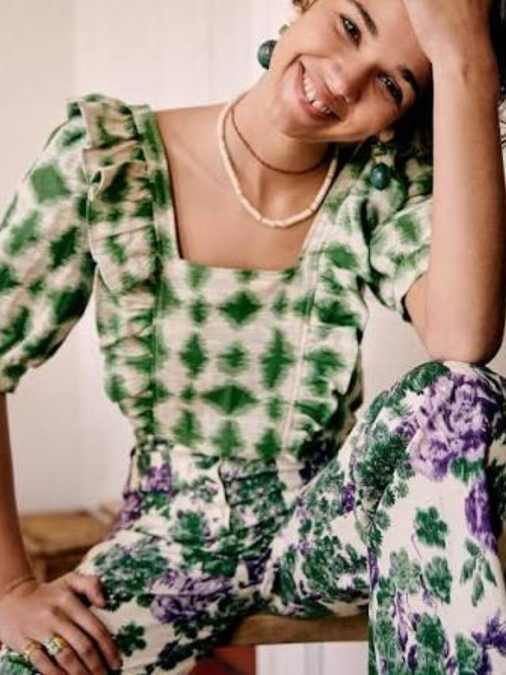 Sézane Ezecquiel blouse in Green jacquard, size 38 ~ NWOT!